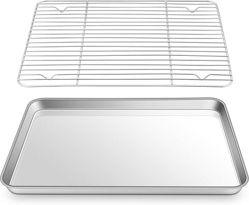 Joyfair Stainless Steel Baking Sheet Pan Set - 16 Inch Toaster Oven Tray & Cooling Rack, Rust-Free & Dishwasher Safe