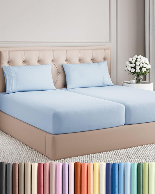 Sky Blue Split King Size 5-Piece Sheet Set | Comfy, Breathable & Cooling Luxury Bedding - Deep Pockets, Soft & Wrinkle-Free