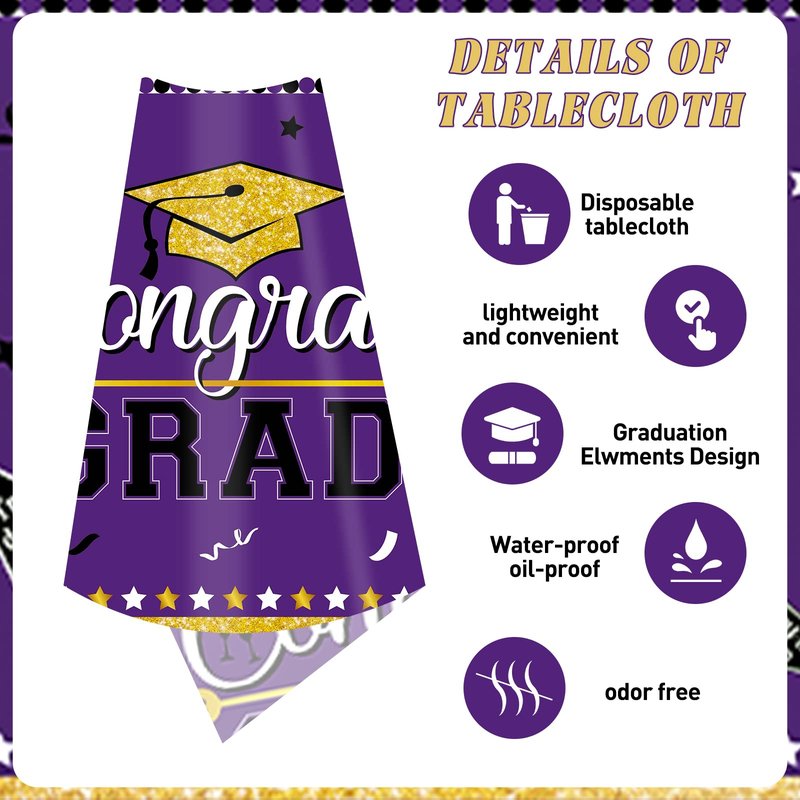 Graduation Tablecloth Party Decorations, 3 Pack Class of 2026 Congrats Grad Purple Graduation Party Tablecover Rectangle Plastic Table Cloth Disposable Table Covers Party Supplies, Large Size 54"x108"