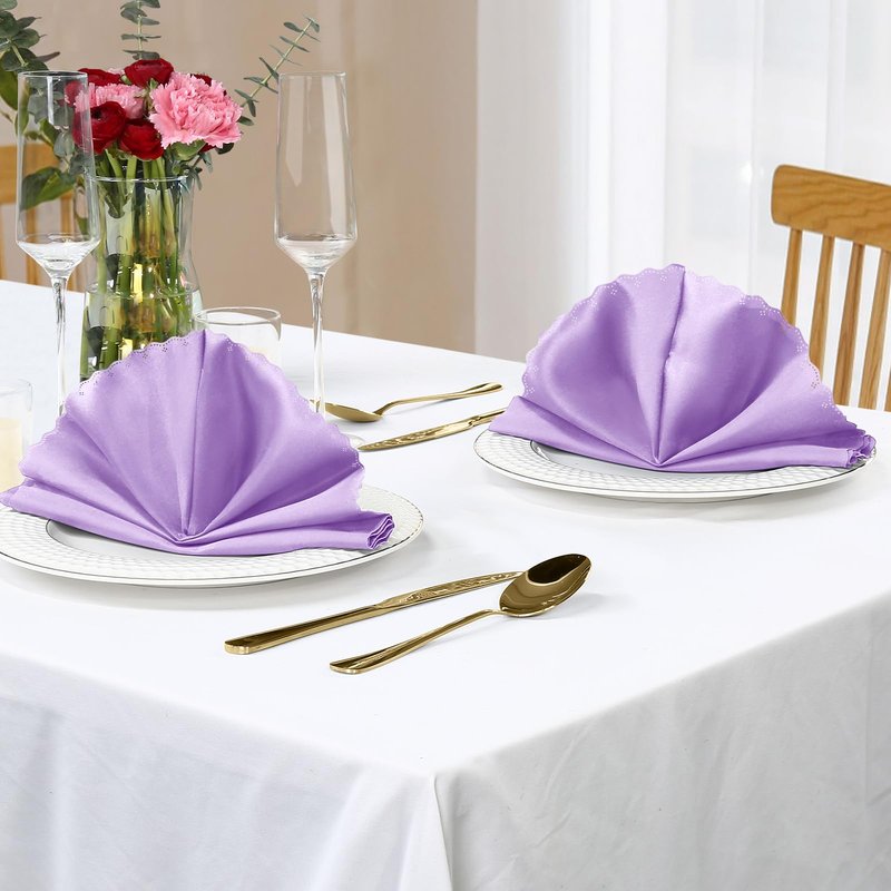 Homiest 12 Pack Light Purple Satin Dinner Napkins - 17x17 Inches, Scalloped, Silky Elegant Wedding & Party Napkins
