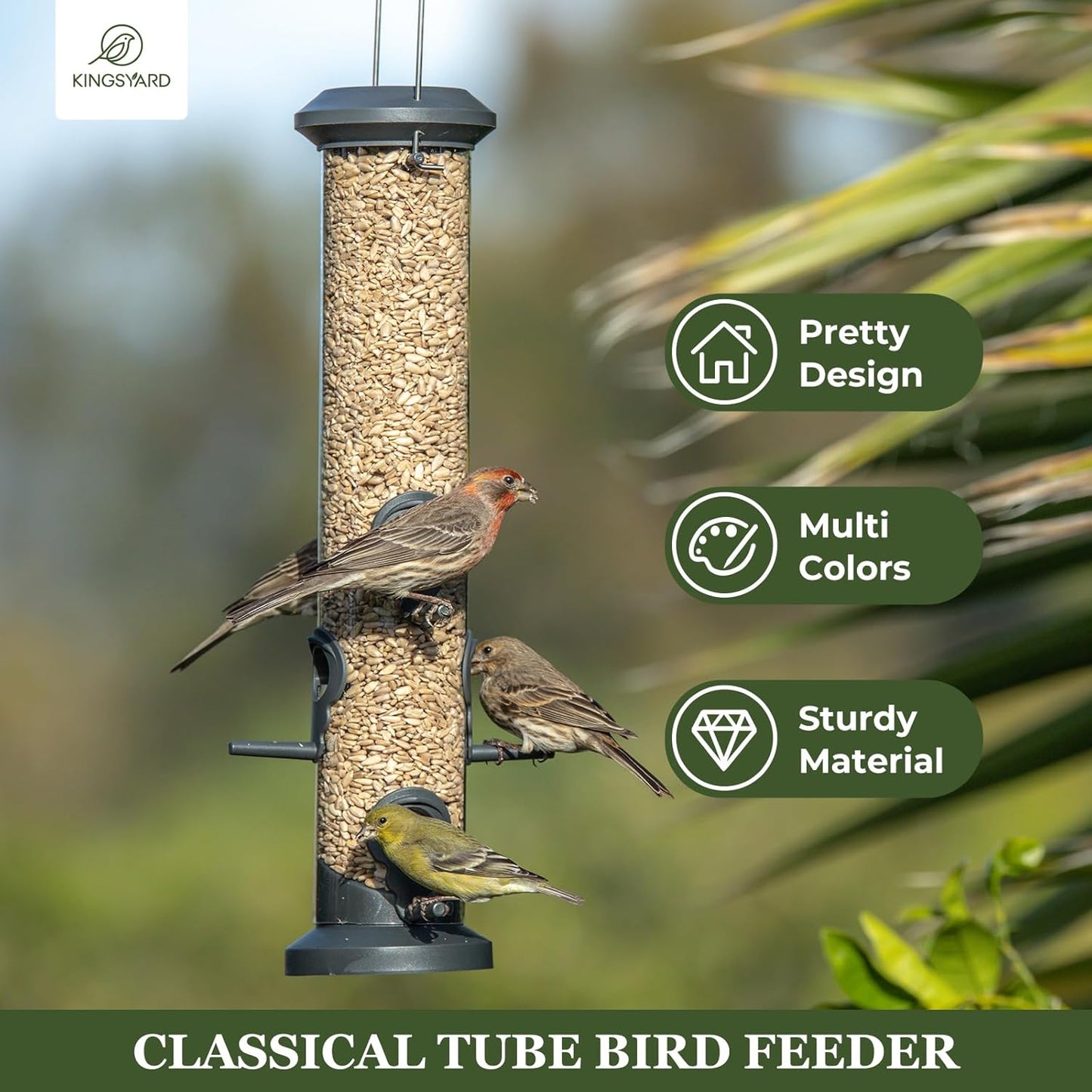 Kingsyard Tube Feeders - 2 Pack with 6 Feeding Ports | Premium Weatherproof Hard Plastic & Steel Hanger for Wild Birds (Black)