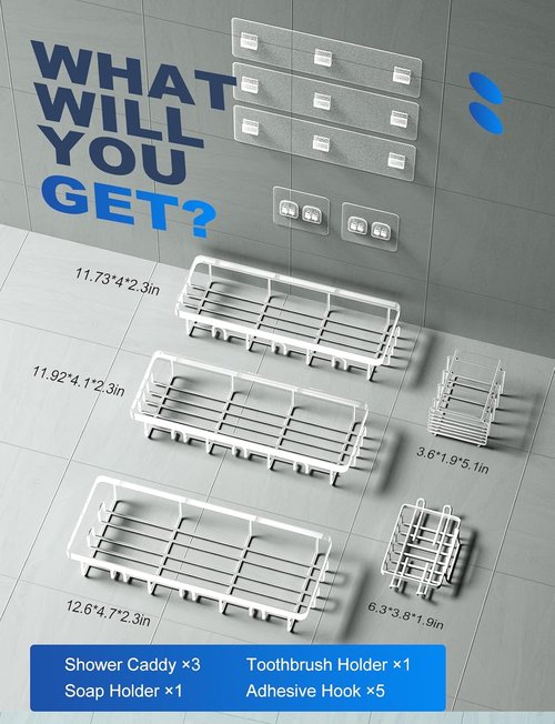 GVY Shower Caddy 5 Pack - Rustproof Adhesive Bathroom Organizer Shelves | No Drilling, Perfect for Home Decor