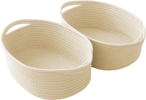 JMvicyroam Woven Basket - Small Rope Storage Bin with Handles | Beige 2-Pack for Organizing Shelves & Closets