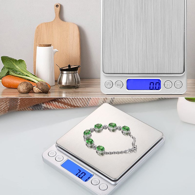 Small Digital Scale,3kg/0.1g,6.6lb,Kitchen Scale,Food Scale,with Blue Backlit LCD Display, 6 Units, Auto Off, Tare, PCS Function, Stainless Steel, Battery Included,Soft Tape Included(150cm)