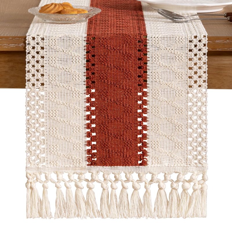 Socomi Boho Table Runner Macrame Summer Farmhouse Woven Cotton Linen Rustic Table Runner with Tassels for Dresser Scarf Home Decor Dining Room 12x90 inch Terracotta Ivory