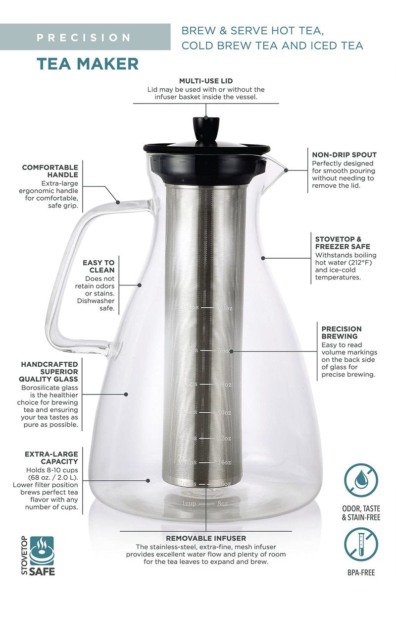 Teabloom Extra-Large Multi-Brew Glass Teapot + Kettle + Pitcher (68 OZ / 2.0 L / 8 CUPS) – For Hot Tea, Iced Tea, Cold Brew Tea and Fruit Infused Water – Volume Markings For Precise Brewing