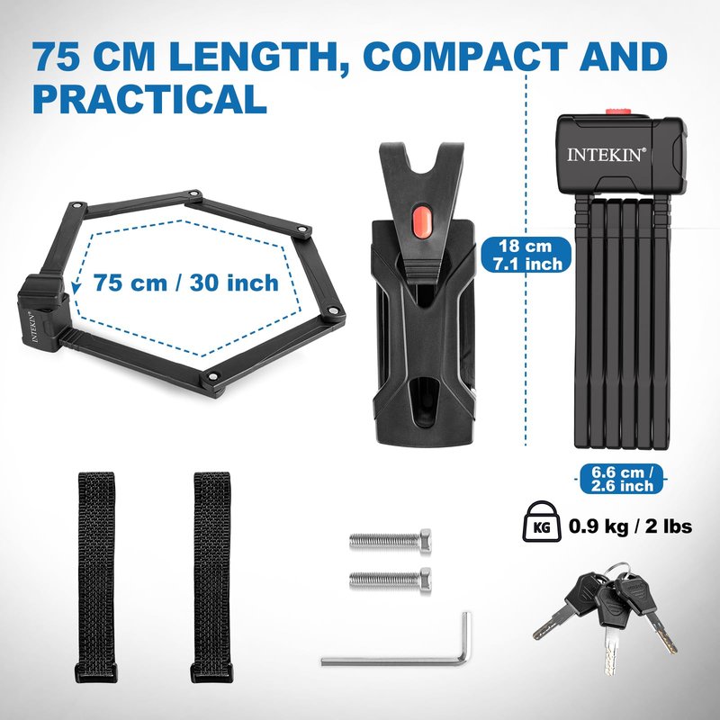 INTEKIN Compact Folding Bike Lock, Heavy Duty Bicycle Lock with 3 Keys and Mount, Lightweight Foldable Chain Locks for E-Bike, Motorcycles, Scooters - 75cm (30 in)