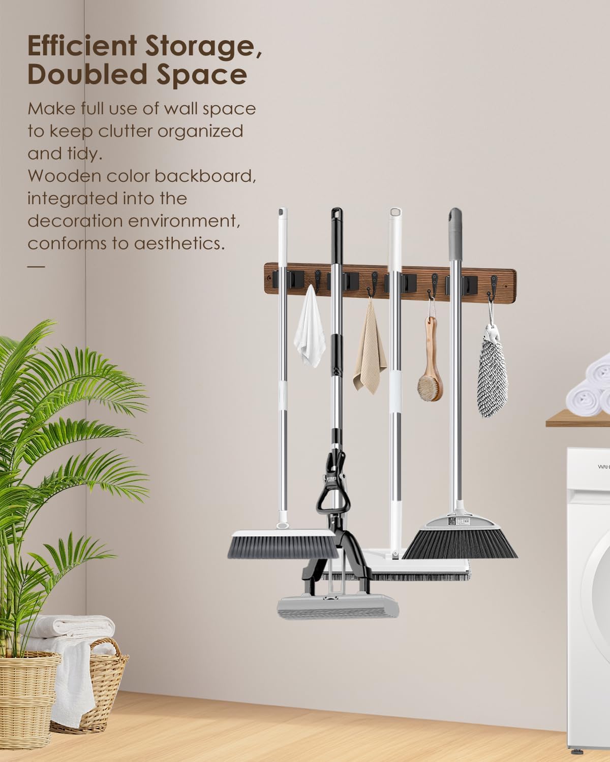 Skiennix Wall Mounted Broom Holder - 4 Holders & Hooks for Easy Mop Storage | Natural Pine Wood