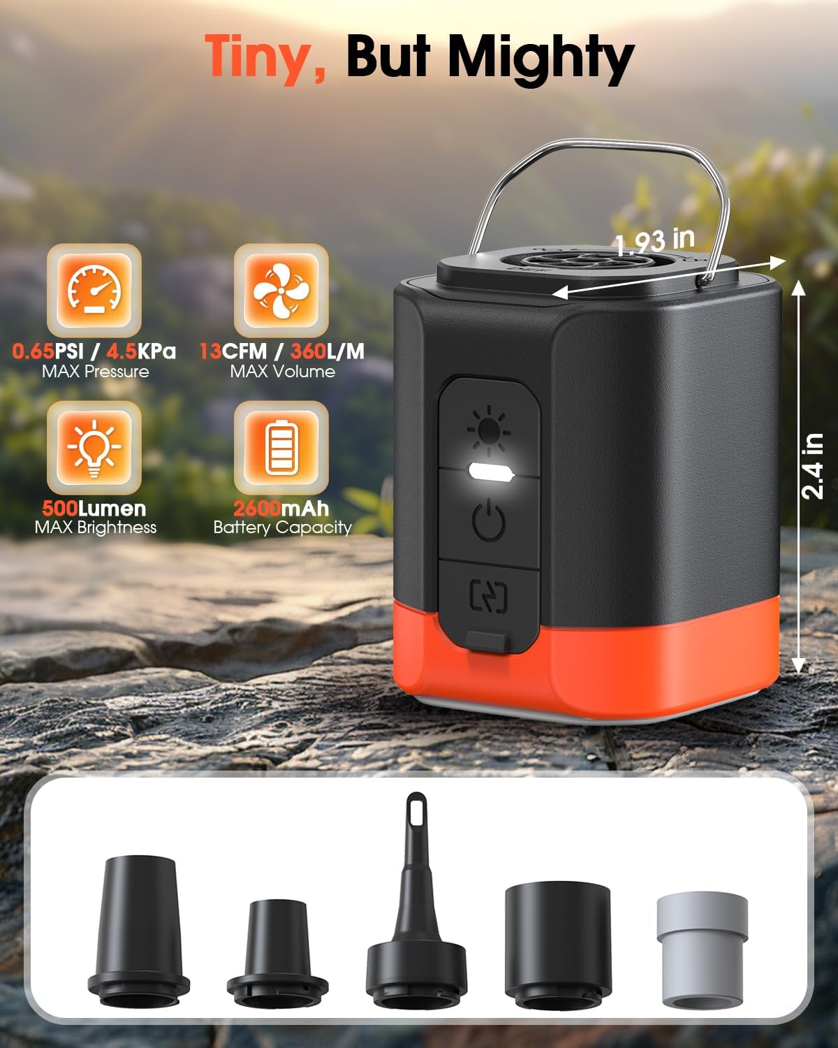 Skiennix Portable Electric Air Pump - 2600mAh Fast Inflator with 5 Nozzles & 3 Lighting Options | Ideal for Air Mattresses, Pool Floats, & Vacuum Bags