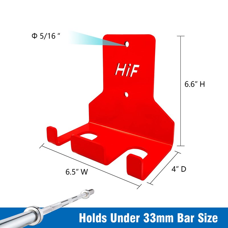 Olympic Barbell Hanger,Garage Gym Bar Wall Rack,Vertical Barbell Mount Rack,Space Saving Commercial or Home Gym Accessory,Holds Under 33mm Bar Size (Red 2 Hooks)