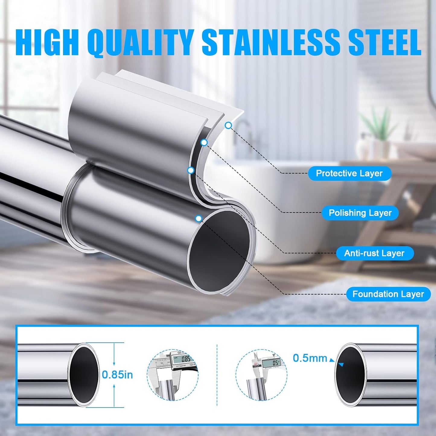 TEECK Adjustable Shower Curtain Rod - 32-80 Inch, Rust-Resistant, No Drilling, Easy to Use - Silver