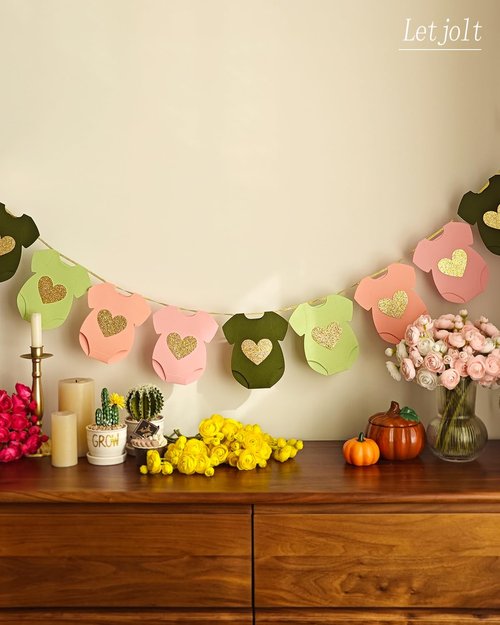 Green Pink Baby Shower Paper Garland Short-Sleeve Bodysuits Clothesline Garland Gender Reveal Birthday Banner Baby Outfit Pre - Strung Paper Decorations 9 pcs