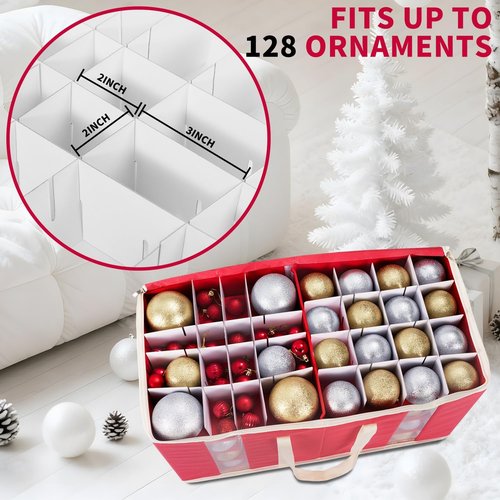 DIMESHY Large Christmas Ornament Storage Box - Adjustable Dividers for 128 Holiday Decorations | Red