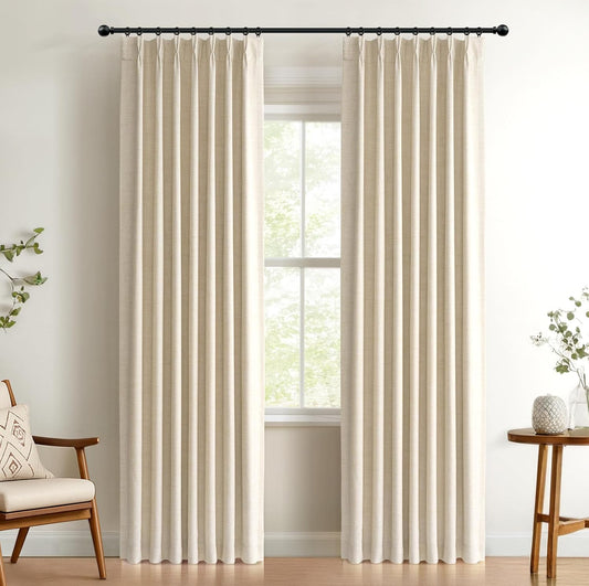 100% Blackout Curtains by Shield - Linen Pinch Pleated Drapes, 96 Inch Long, Cream, 2 Panel Set