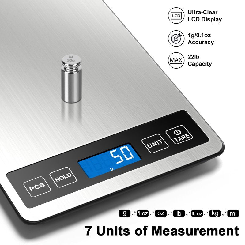 Fuzion Food Scale, 1g/0.1oz Digital Kitchen Scale - 22lb, 7 Units, Tare & PCS, Rechargeable Power, Tempered Glass & Stainless Steel - Food Weight Scale Grams and Ounces for Cooking, Baking