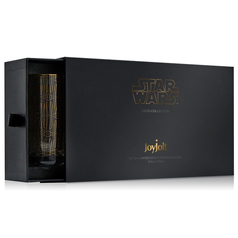 JoyJolt Star Wars Glassware. 'Deco' Highball Glasses Set of 4, 13.5oz Star Wars Glasses. Highball Glass Tumbler with Darth Vader in a Retro Crystal Glass Cup. Tall Drinking Water Glasses For Kitchen