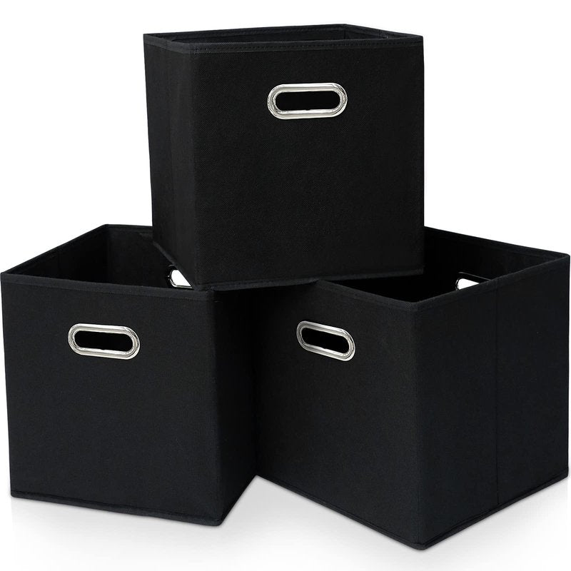 Yunkeeper Black Fabric Cubby Storage Bins，13x13x13 Inches ，Cube Organizer Bin Foldable Storage Boxes with Dual Handles Fabric Organizer Box and collapsible Storage basket，Set of 3 ，Black