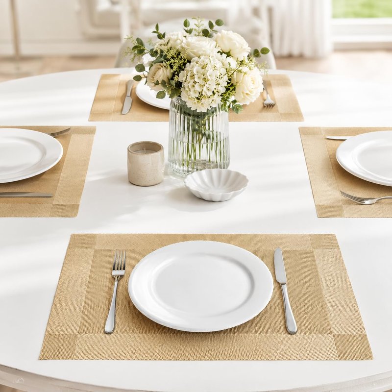 FGSAEOR Champagne Gold Table Placemats Set of 6, Woven Pattern 12 x 18 Inch, Washable Heat Resistant Dining Place Mats for Kitchen Table Decor