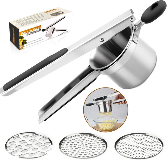 Skiennix 15oz Potato Ricer - Heavy Duty Stainless Steel with 3 Interchangeable Discs & Silicone Handle