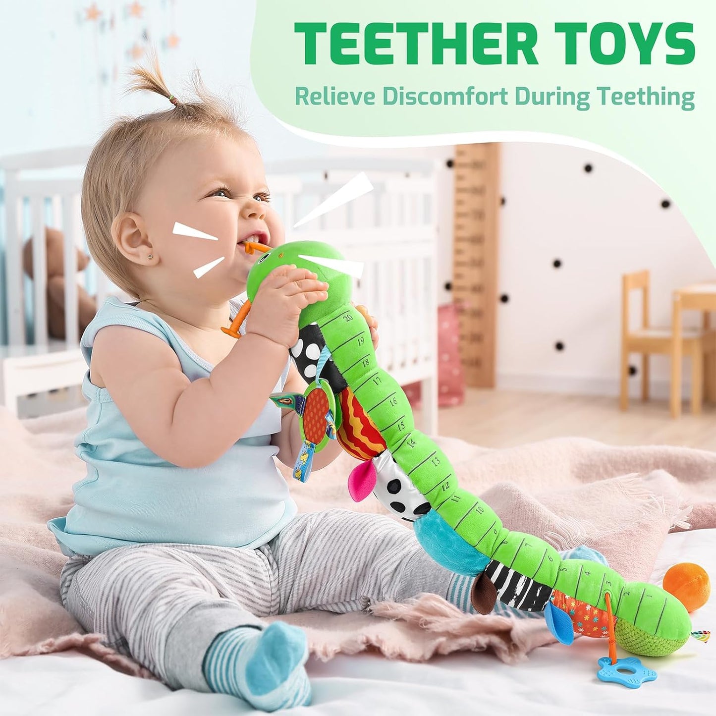 Sumobaby Music Caterpillar Plush Toy - Infant Teething & Tummy Time Rattle | 0-12 Months (Green-Leaf)