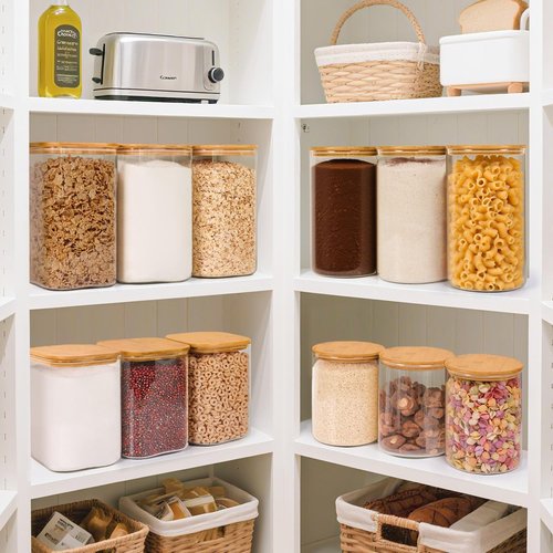 ComSaf Glass Food Storage Containers - 3.6Qt Airtight Cereal Jars with Bamboo Lids | Ideal for Rice, Pasta, Grains