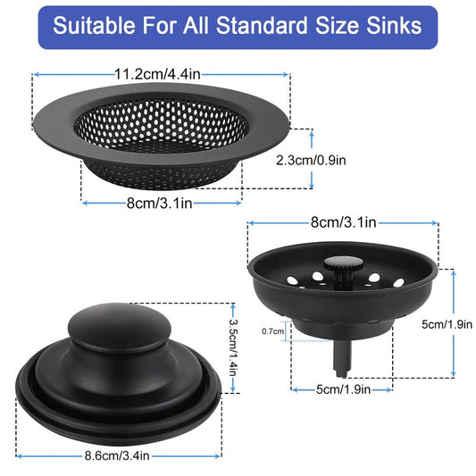 Kitchen Sink Drain Strainer 3 Pack Stainless Steel Sink Stopper, Anti-Clogging Kitchen Sink Drain Basket for Kitchen Sink Strainer Replacement Set (Black, 3 Pack)