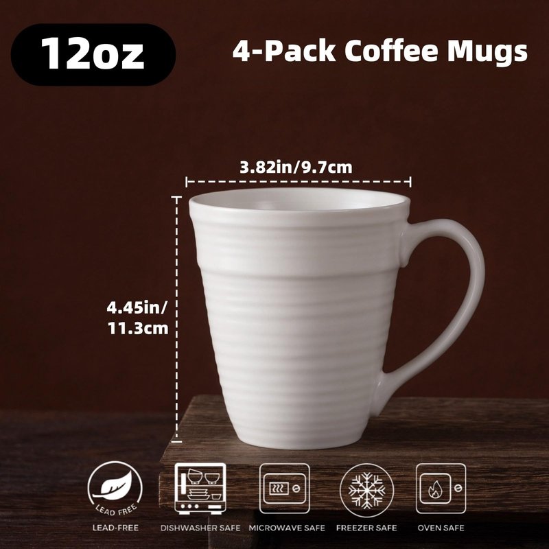 Avcylltty 12 oz Coffee Mugs Set of 4 with Comfort Handles Premium White Ceramic Coffee Mugs for Lattes, Milk, and Hot Tea, Dishwasher and Microwave Safe, Ideal Gift for Coffee Lovers