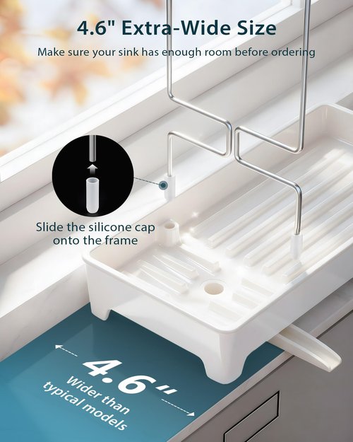 Caumic Plastic Sink Caddy, Rustproof Sponge Holder for Kitchen Sink with 304 Stainless-Steel Brush Holder, Countertop Rack Organizer with Raised Ridges & Silicone Drain Tube (Cream White, Large)