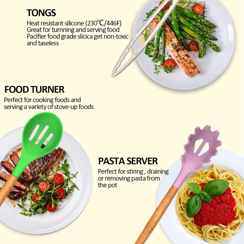 Umite Chef Kitchen Cooking Utensils Set, 33 pcs Non-stick Silicone Cooking Kitchen Utensils Spatula Set with Holder, Wooden Handle Silicone Kitchen Gadgets Utensil Set (Colorful)