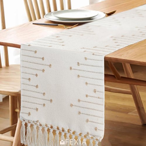 FEXIA Boho Table Runner with Tassels 72 Inches Long for Home Decor Room Decor Farmhouse Rustic Macrame Table Runners for Dining Bedroom Bridal Shower(12x72 Inches)