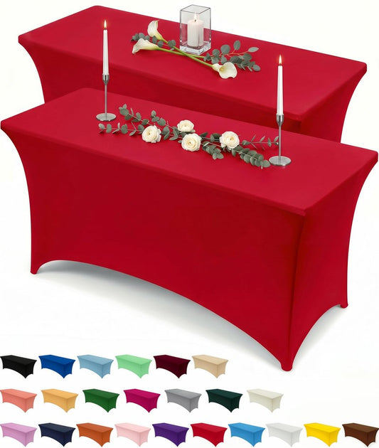 Utopia Kitchen Spandex Tablecloth 2 Pack [8FT, Red] Tight, Fitted, Washable and Wrinkle Resistant Stretch Table Cloth Rectangle Cover for Trade Show, Weddings & Parties [96Lx30Wx30H Inch]