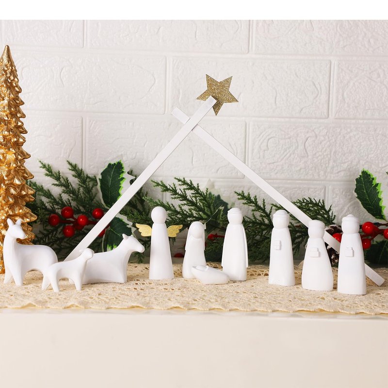 Juegoal Christmas Nativity Sets, Set of 11 White Mini Nativity Scene Resin Figurines, Xmas Holy Family Table Ornaments, Religious Holiday Collection Gifts, Baby Jesus Nativity Mantle Shelf Decor