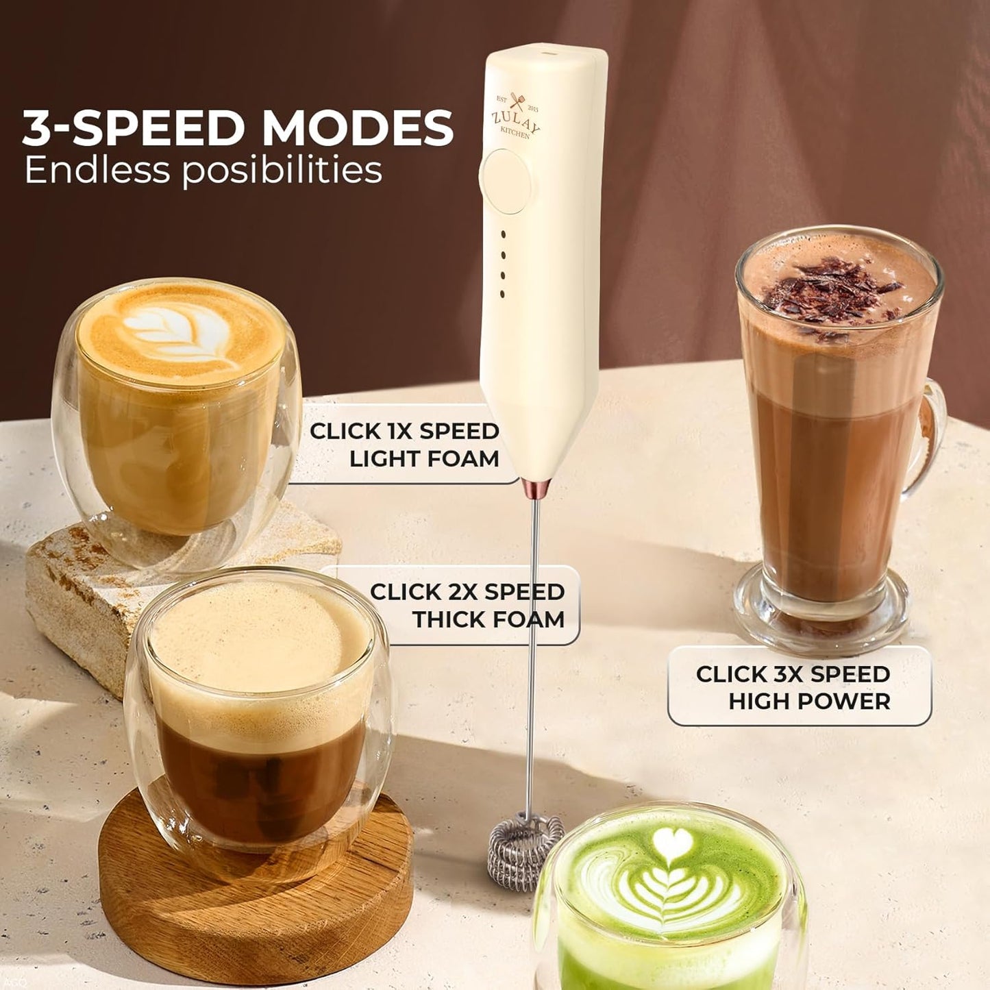 Zulay Kitchen Rechargeable Milk Frother - 3 Speed Drink Mixer with 3 Whisk Attachments - Cream Copper