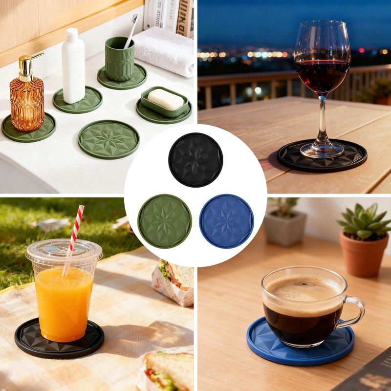 OIAHOMY 8 Pcs Coasters with Holder for Beer, Coffee, Silicone Coaster Set for Table Decor for Kitchen, Bar, Dining Room, Living Room, Housewarming Gifts - Black