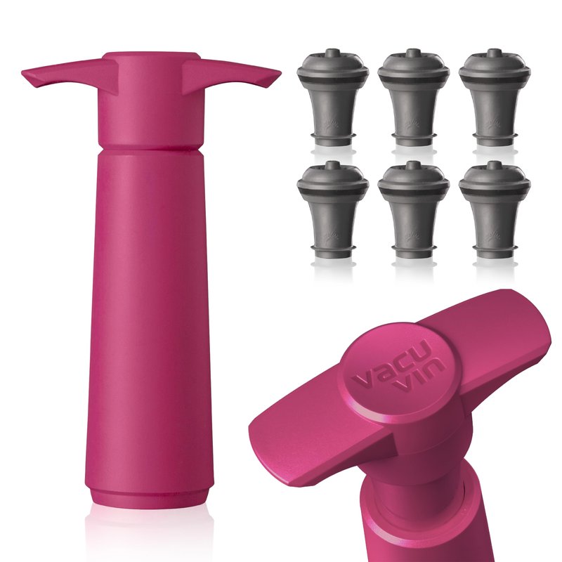 Vacu Vin Wine Saver Pump Pink with Vacuum Wine Stopper - Keep Your Wine Fresh for up to 10 Days - 1 Pump 6 Stoppers - Reusable - Made in the Netherlands