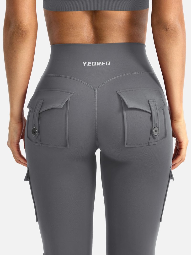 YEOREO CoreFlex Women Workout Flare Leggings with Pockets Hidden Scrunch Cargo Gym Yoga No Front Seam Leggings Lara Smoke M