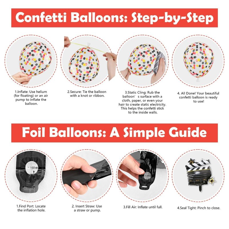 Movie Night Party Balloons, Red Black Gold Confetti Balloons with Film Clapboard and Pop Corn Foil Balloon for Boy Girl Movie Theme Party Decorations Graduation Baby Shower Birthday