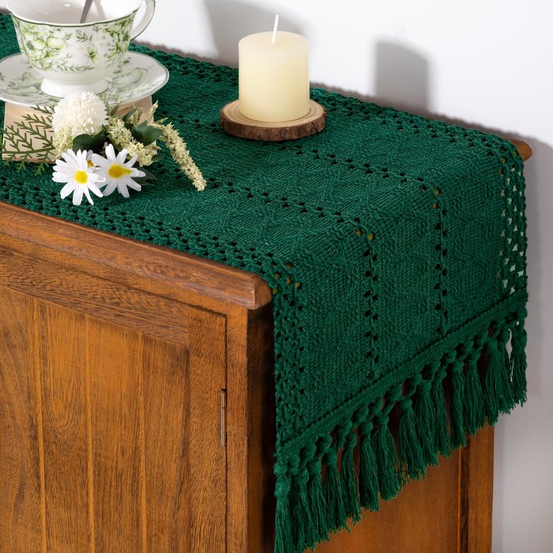 Socomi Boho Table Runner Summer Farmhouse Rustic Dining Kitchen Centerpiece Decor Small Macrame Woven Cotton Linen Coffee Table Runner for Dresser Scarf Home Decor 12x48 inch Emerald Green