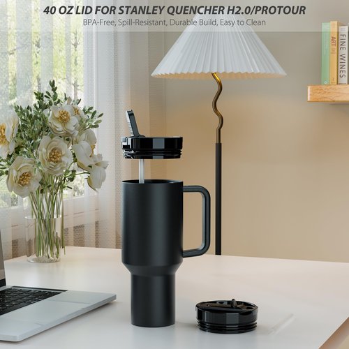 CeleVista 2 Pack 40 oz Flip Straw Lid for STANLEY Quencher ProTour and H2.0 FlowState Tumbler(Only for STANLEY Tumbler), Leakproof Lid, No Spill & Easy to Use Reusable Cover (Black)