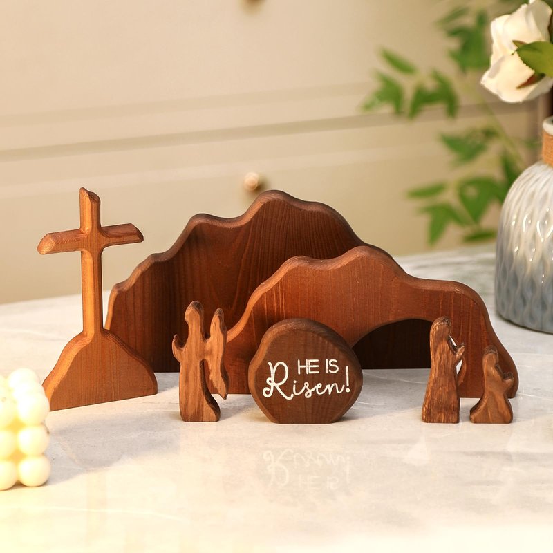 zonhajia The Empty Tomb Easter Scene, Christian Cross Decorations, Wooden Nativity Set, Decorations Religious Jesus Tomb Easter Kit Display for Home, Tabletop, Office, Gift
