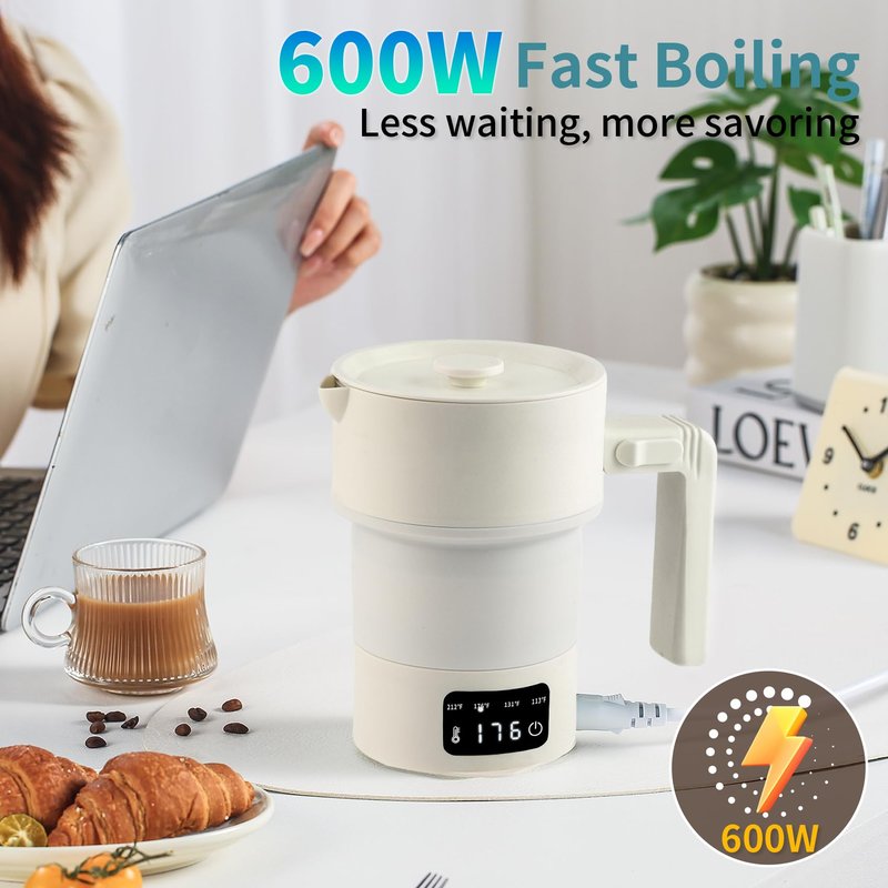 UPEZAN Travel Electric Kettle - Collapsible Portable Electric Kettle, 600W Foldable Small Water Boiler with 4-Temp Presets, Food Grade Silicone for Hotel, Office, Camping, 600mL, Beige
