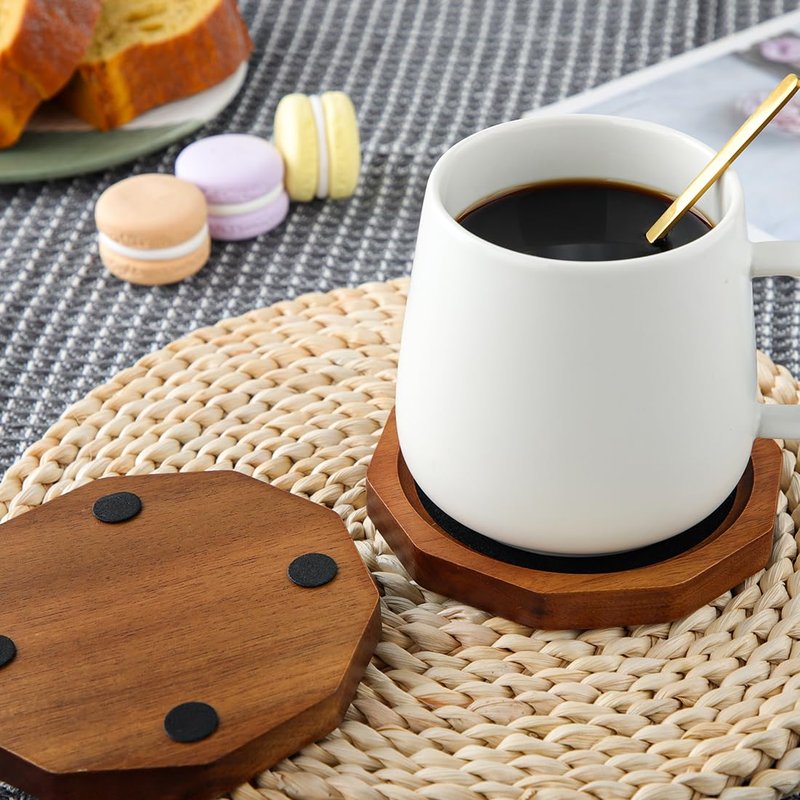 Wood Coasters for Drinks Absorbent with Lip, 4.3 Inch Rustic Acacia Wood Black Felt Coaster with Holder for Wooden Coffee Table for Cups, Mugs, and Glasses - Set of 6