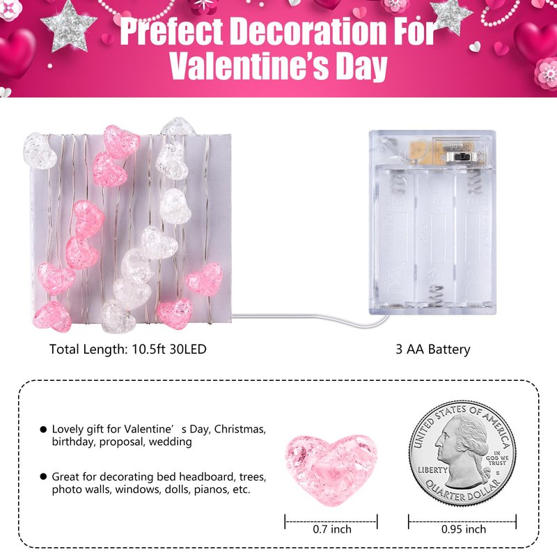 Valentine's Day Heart String Lights - 10.5 ft 30 LED Battery Operated Fairy String Lights withTimer and for Romantic Proposal Indoor DIY Bedroom Wedding Decor Gift (Pink White)