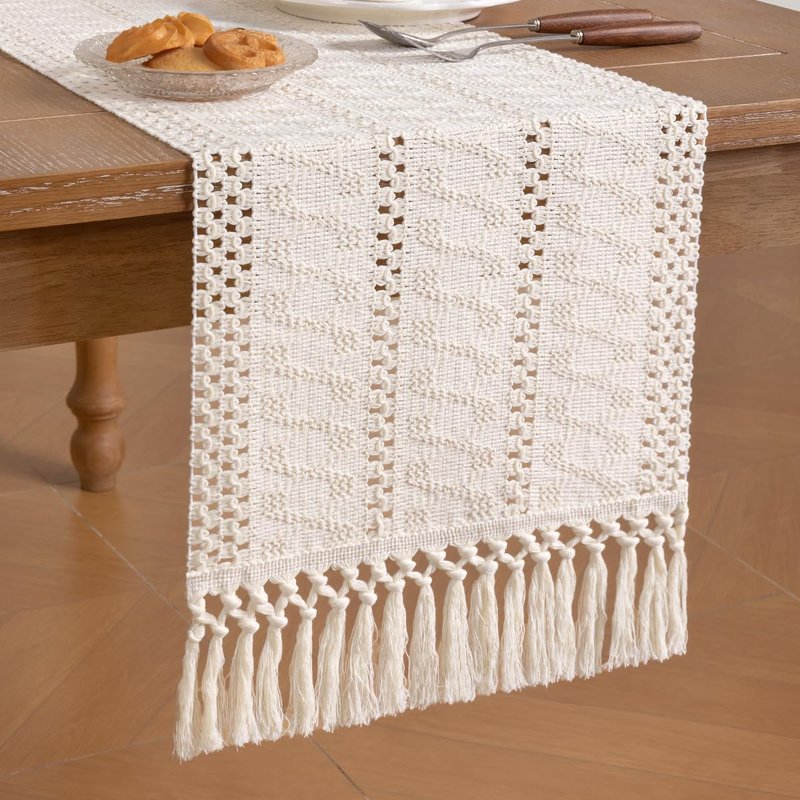 Socomi Boho Table Runner Macrame Summer Farmhouse Woven Cotton Linen Rustic Coffee Table Runner with Tassels for Dresser Scarf Home Decor Dining Room 12x90 inch Cream Ivory