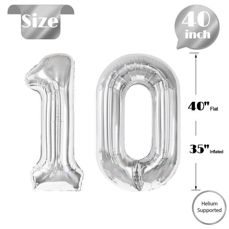 Silver Number 10 Balloon 40 inch, 10 Number Balloons, 10th Silver Birthday Decorations for Girls Boys Kids, 10 Year Old Silver Party Supplies