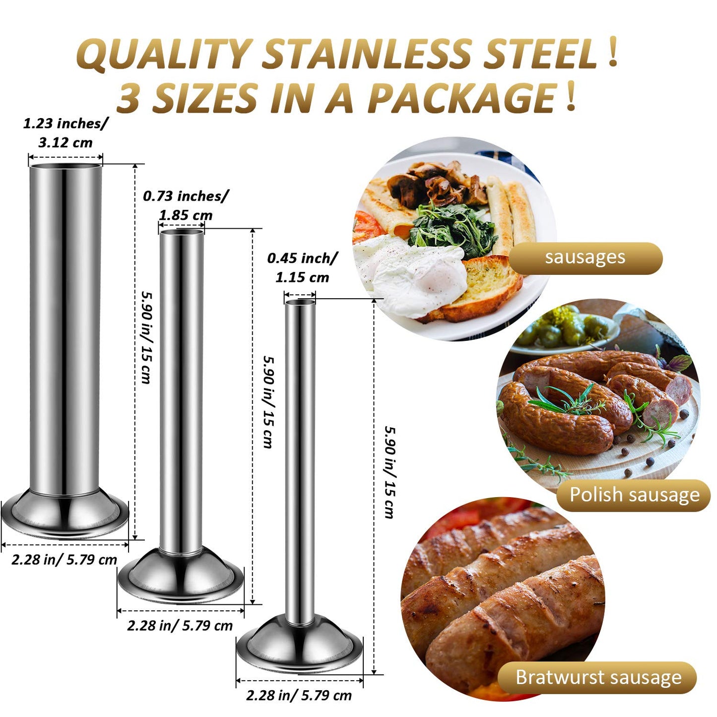 3 Pieces Sausage Stuffer Tubes Stainless Steel Grinder Stuffer Tubes for Size 5 Meat Food Grinder, 3 Sizes