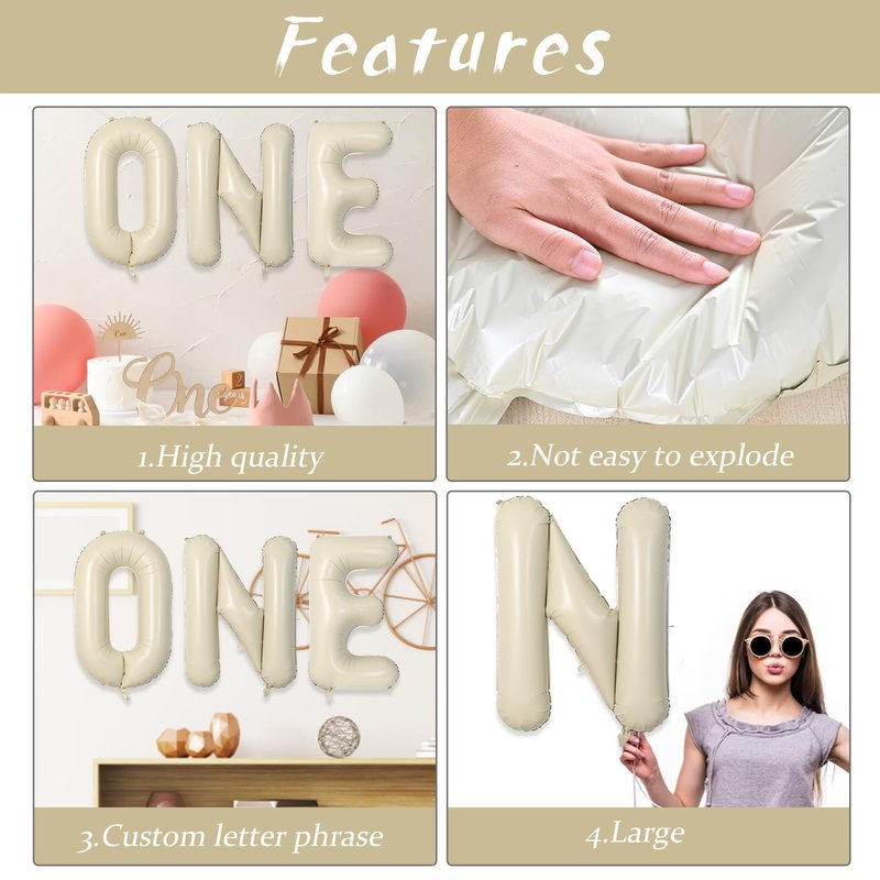 Biapian 40 Inch One Letter Balloons, Big Cream ONE Foil Balloons, 3 Pcs Giant Foil Large Aluminum Balloon Helium for Anniversary First One Year Old Girl and Boy 1st Birthday Party Decoration (Cream)