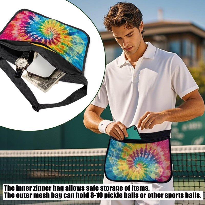 Kathyboom Tennis Ball Holder Rainbow Tie Dye Pickleball Waist Bag with No-Slip Belt, Holds 8-10 Balls for Pickleball, Golf, Running, Hands-Free