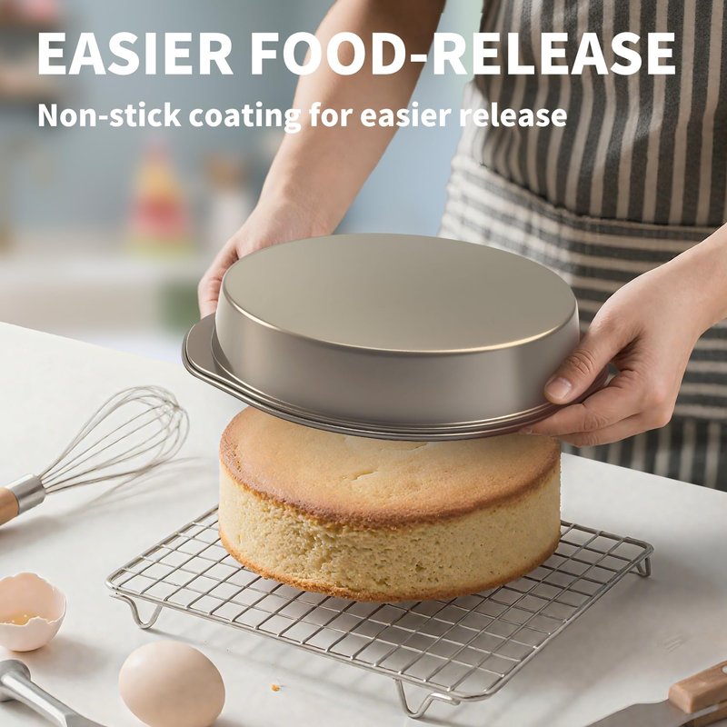 8 Inch Cake Pans, 3PCS Nonstick Round Baking Pans with 50PCS Parchment Papers, Durable Birthday Circle Cake Baking Pan with Handle for Multi-Layer Cakes, Dishwasher Safe (Gold, 8 inch)