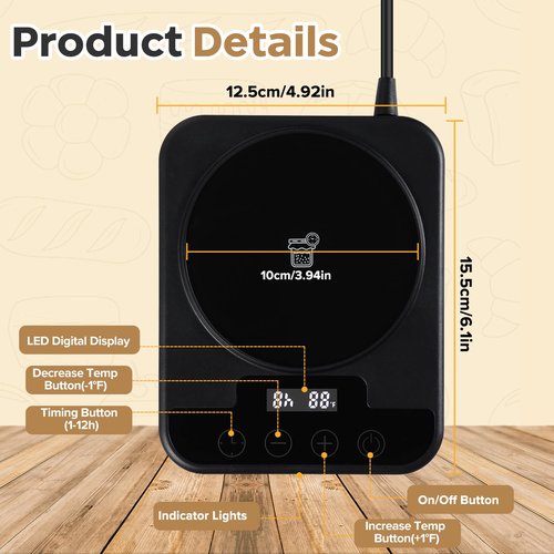 Electric Sourdough Starter Warmer Mat Thermostat Control(70-100°F) Sourdough Warming Pad, Smart Memory Warming Heating Pad Mat 12h Timer, Auto Shutoff, Sour Dough Heater Proofing Tool for Home Baking